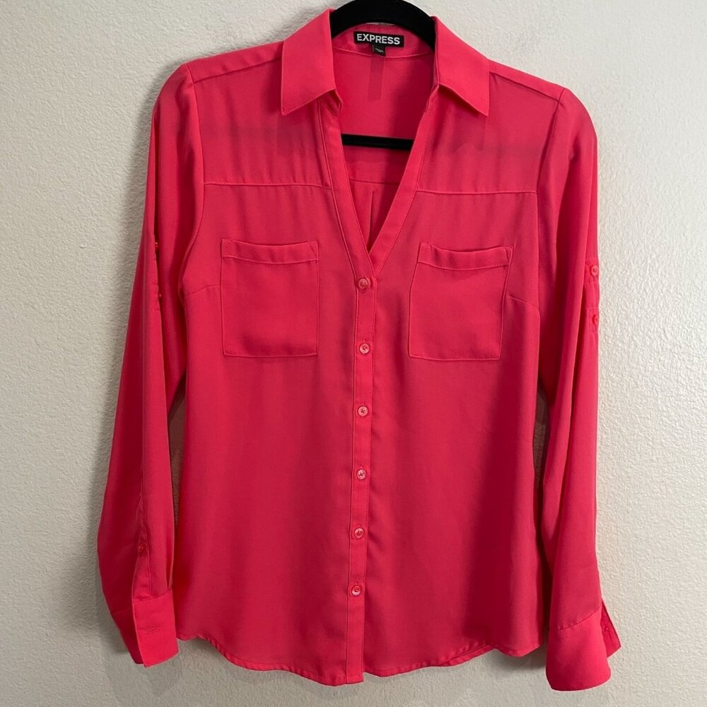 Express Womens XS Pink Button Up Blouse Roll Tab Sleeve Shirt Top